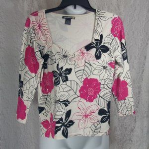 Sweater Works Knit Tropical Print Sweater Beaded Ivory Black Pink NWOT